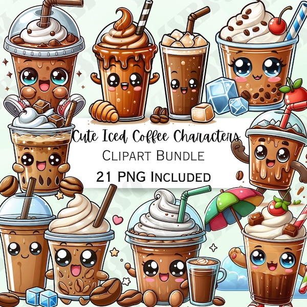 21 Cute Iced Coffee Characters Clipart Bundle, Caffeine Card making, Adorable Baby Wall Art, Beverage PNG for invitations, Cartoon beverage