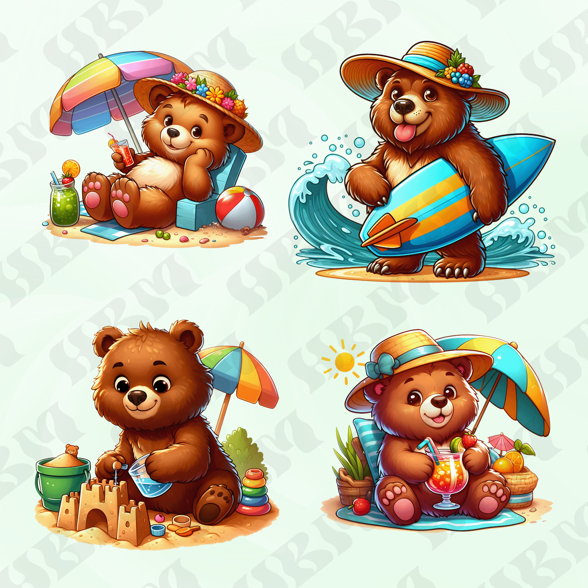 Cute Cartoon Bears Summer Clipart Bundle, Surf Nursery Decor, Beach ...