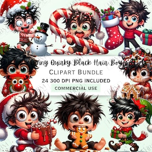 Lustig, schrullig, Weihnachten, schwarzhaarige Jungen, Clipart-Bundle, Kinder Cartoon-Aufkleber, Dumme wunderliche Kinder PNG für Einladungen, kommerzielle Nutzung