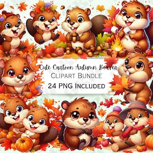 May include: A set of 24 digital clipart images featuring cute cartoon beavers in autumnal settings. The beavers are wearing various outfits and holding items like leaves, acorns, and pumpkins. The text "Cute Cartoon Autumn Beaver Clipart Bundle 24 PNG Included" is displayed on the image.