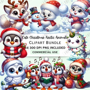 Bundle de cliparts animaux de l'Arctique de Noël mignon, Stickers neige bébé dessin animé festif, Adorable graphique de Noël, saison d'hiver PNG, usage Commercial
