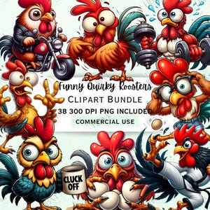 Lustige Hahn Clipart Bundle, Cartoon Huhn PNG, lustige Bauernhof Grafik, wunderliche Vogel-Designs, digitaler Download, kommerzielle Nutzung