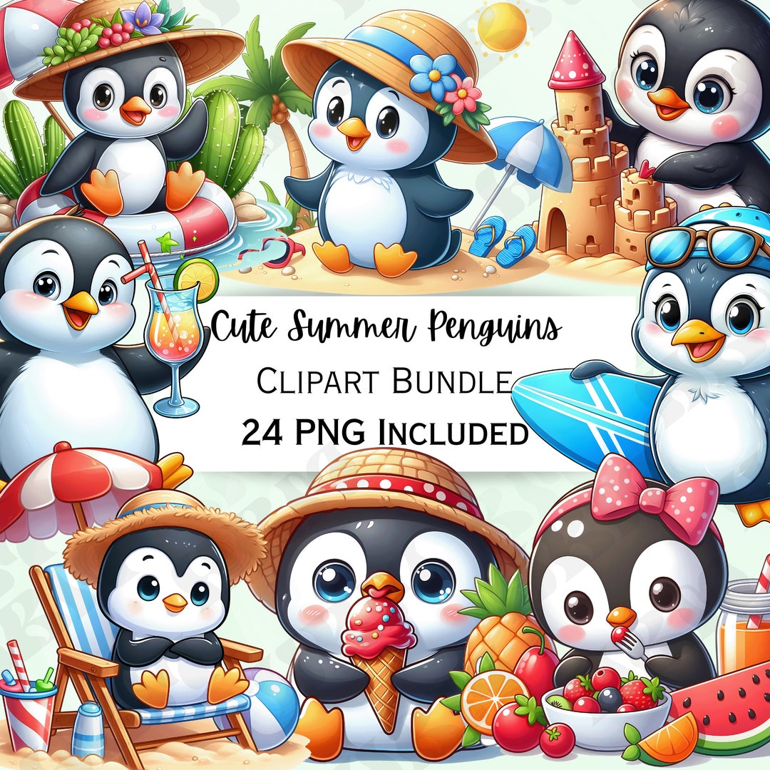 Cute Cartoon Summer Penguin Clipart Bundle, Surf Nursery Decor, Beach