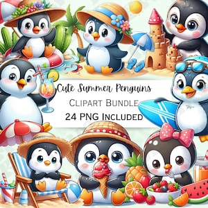 Cute Cartoon Summer Penguin Clipart Bundle, Surf Nursery Decor, Beach Baby Wall Art, Icecream PNG, Water infant Shower, 24 Illustrations
