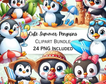 Cute Cartoon Summer Penguin Clipart Bundle, Surf Nursery Decor, Beach Baby Wall Art, Icecream PNG, Water infant Shower, 24 Illustrations