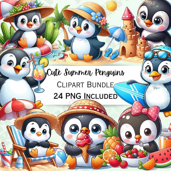 Cute Cartoon Summer Penguin Clipart Bundle, Surf Nursery Decor, Beach Baby Wall Art, Icecream PNG, Water infant Shower, 24 Illustrations