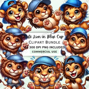 Cute Cartoon Lion in Blue Cap Clipart Bundle, Safari Animal Sticker, Adorable Jungle Cat, Whimsical PNG for invitations, Commercial Use