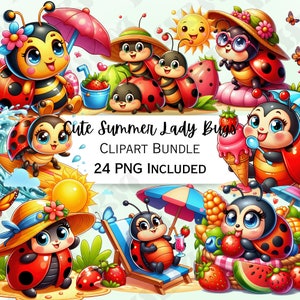 Cute Cartoon Lady Bugs Summer Clipart Bundle, Surf Nursery Decor, Beach Baby Wall Art, Icecream PNG, Water infant Shower, 24 Illustrations