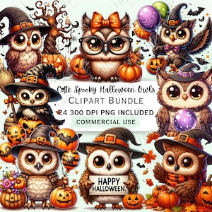 Lindo paquete de imágenes prediseñadas de búhos de Halloween de dibujos animados, pegatinas de pájaros espeluznantes, divertidos y adorables animales de calabaza PNG para decoración, uso comercial