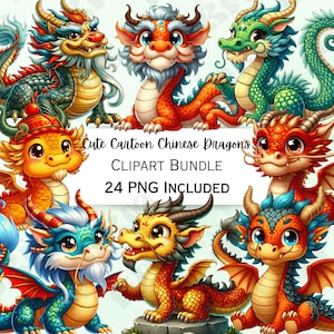 Niedliches Cartoon-Clipart-Bundle mit chinesischen Drachen, Aufkleber für das Jahr des Drachen, entzückende Wandkunst, Fabelwesen PNG für Einladungen