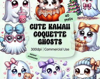 Cute Coquette Ghost Clipart Bundle, Kawaii Halloween PNGs, Cozy Fall Graphics, Autumn Ghost with Bows, Girly Spooky Season Sublimation Art