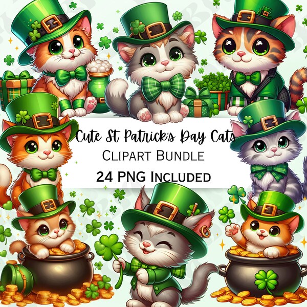 24 Cute St Patrick's Day Cartoon Cats Clipart Bundle, Adorable Four Leaf Clover, Leprechaun hat, Kitten PNG for invitations, Stickers