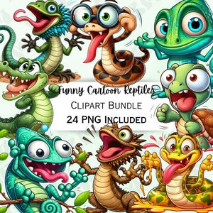 Lindo paquete de imágenes prediseñadas de reptiles de dibujos animados divertidos, pegatina de abeja, adorables decoraciones de tortugas, lagarto caprichoso PNG para invitaciones, tarjetas de felicitación