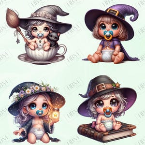 Cute Cartoon Baby Witches Clipart Bundle, Magical Witchy Art, Kawaii Halloween Art, Adorable Whimsical Broomstick PNG, Commercial Use image 7