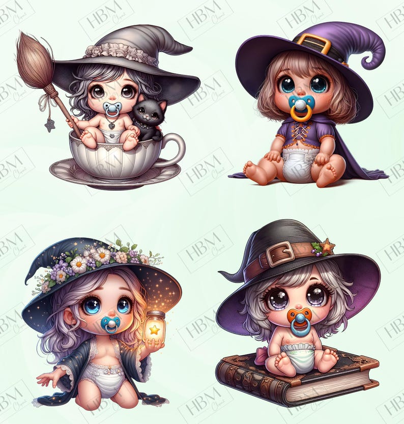 Cute Cartoon Baby Witches Clipart Bundle, Magical Witchy Art, Kawaii Halloween Art, Adorable Whimsical Broomstick PNG, Commercial Use image 7