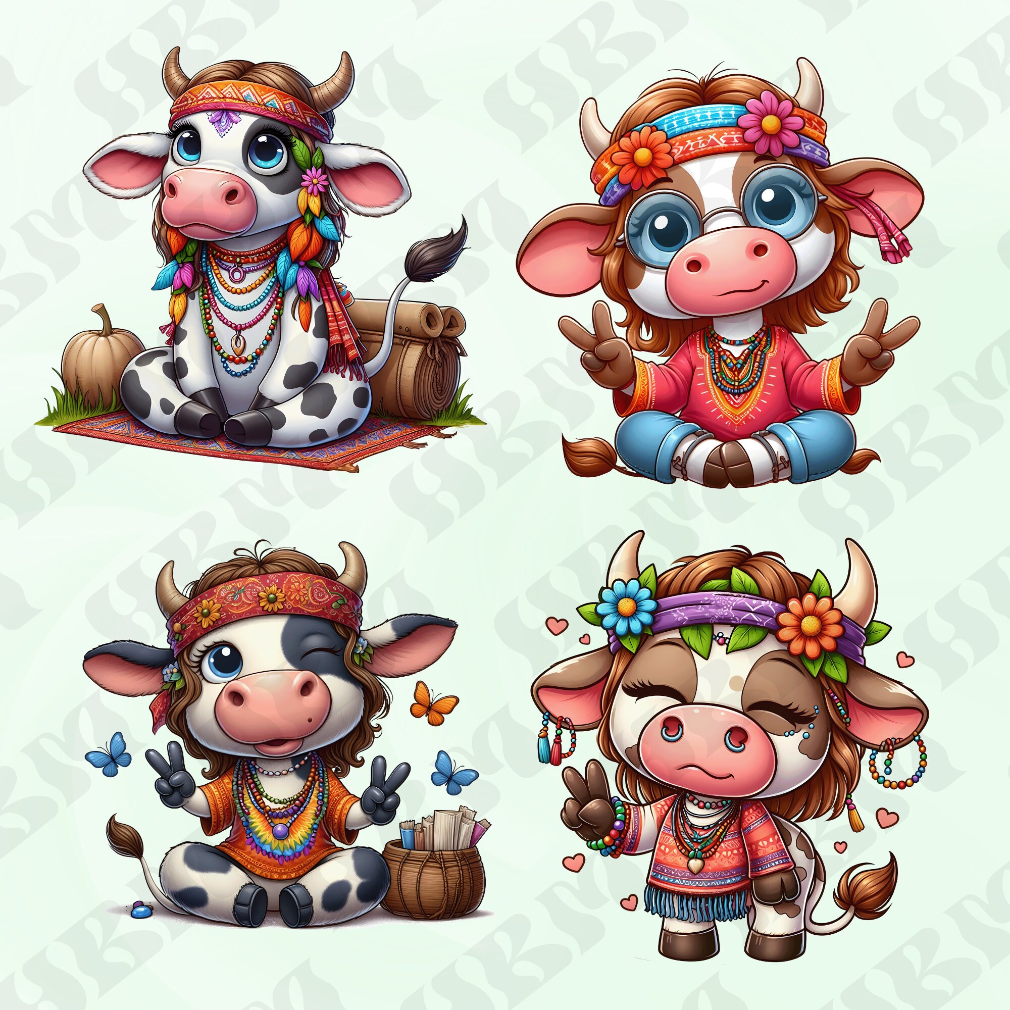 Cute Cartoon Hippie Cows Clipart Bundle Bull Stickers Adorable Wall Cute Cartoon Hippie Cows Clipart Bundle Bull Stickers Adorable Wall