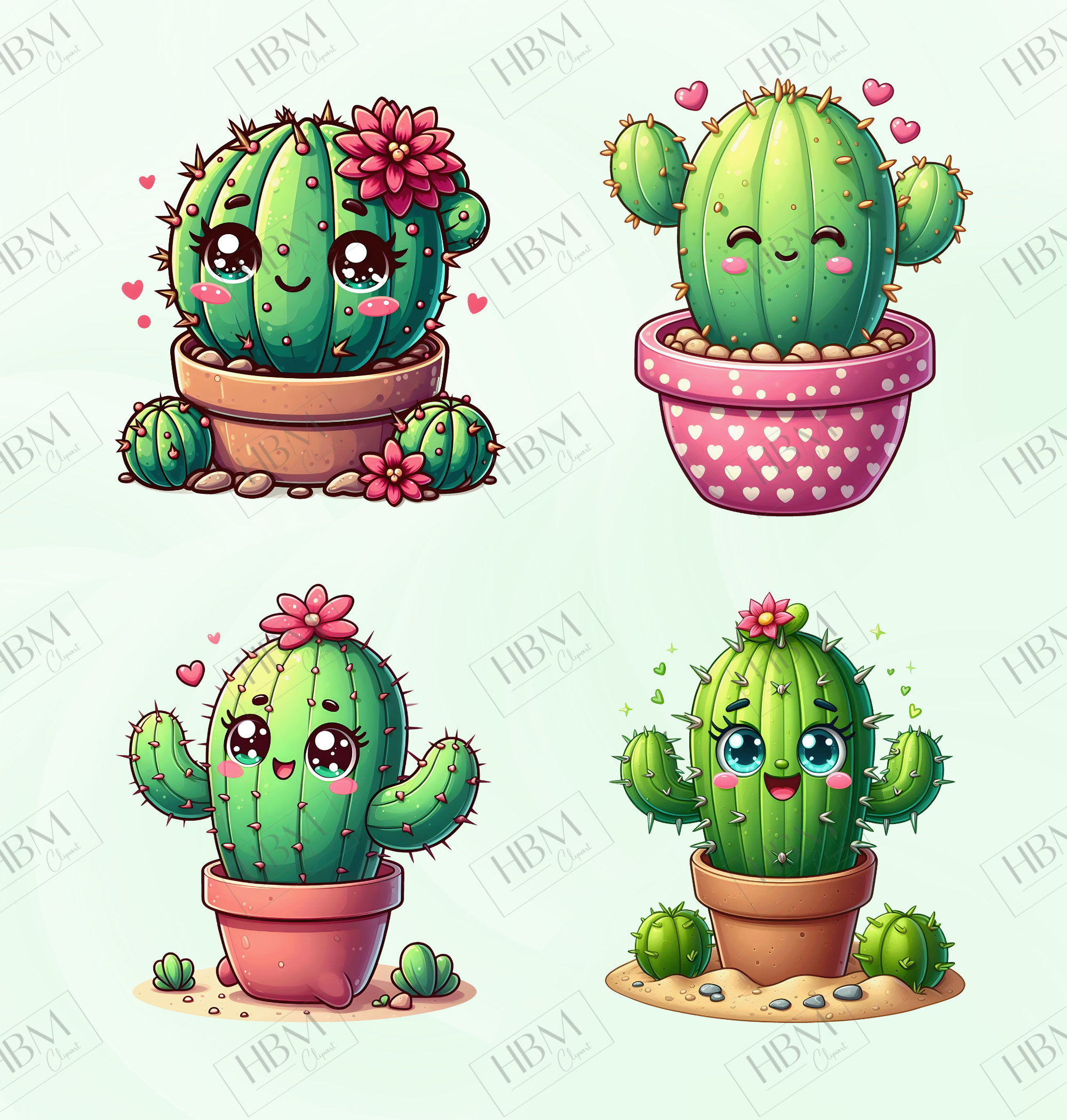 Cute Cartoon Cactus Clipart Bundle, Cacti Card Making, Plant Baby Wall ...