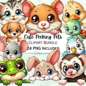 Lindo paquete de imágenes prediseñadas de mascotas que miran dibujos animados, pegatinas de ranas, arte de pared adorable, gatos, perros PNG para invitaciones, 24 ilustraciones