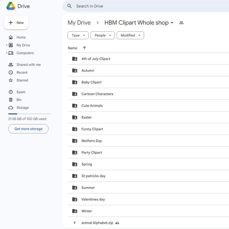 May include: Screenshot of a Google Drive folder titled "HBM Clipart Whole shop" with a list of folders containing clipart images for various holidays and themes, including 4th of July, Autumn, Baby Clipart, Cartoon Characters, Cute Animals, Easter, Funny Clipart, Mothers Day, Party Clipart, Spring, St Patricks Day, Summer, Valentines Day, Winter, and animal Alphabet.