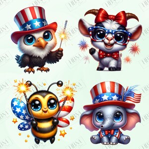 May include: Four cartoon characters celebrating Independence Day. An eagle, a goat, a bee, and an elephant are dressed in patriotic attire, holding sparklers and wearing hats. The eagle and elephant wear Uncle Sam hats.