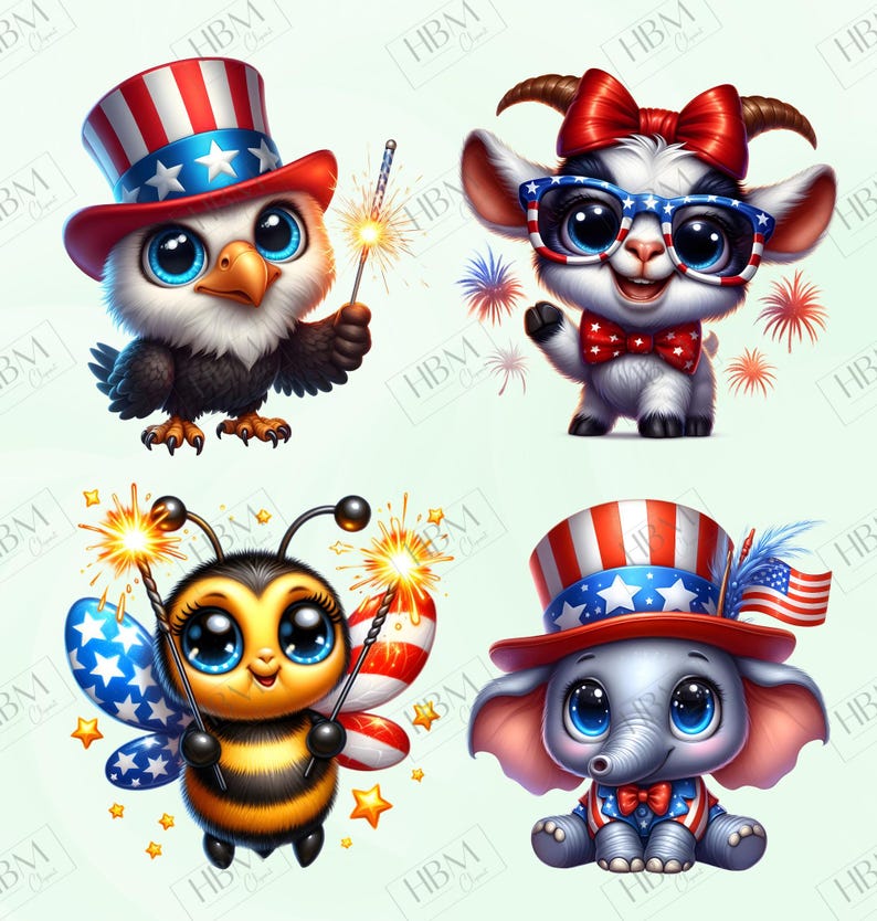 May include: Four cartoon characters celebrating Independence Day. An eagle, a goat, a bee, and an elephant are dressed in patriotic attire, holding sparklers and wearing hats. The eagle and elephant wear Uncle Sam hats.