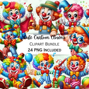 Lindo paquete de imágenes prediseñadas de payasos de dibujos animados, pegatina de globo mágico de circo, adorables decoraciones grandes, PNG caprichoso para invitaciones, tarjeta de felicitación