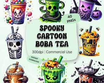 Spooky Halloween Boba Tea Clipart Bundle, Cute Creepy Drinks, Witchy Bubble Tea Graphics, Kawaii Horror PNGs, Instant Download