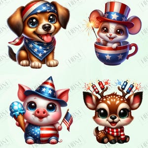 May include: Four cartoon illustrations of animals celebrating Independence Day. A puppy wears a bandana and headband with stars. A mouse in a top hat holds a sparkler. A pig holds ice cream and a flag. A deer wears a scarf and firework antlers.