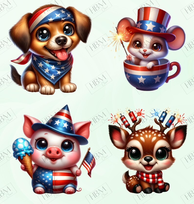 May include: Four cartoon illustrations of animals celebrating Independence Day. A puppy wears a bandana and headband with stars. A mouse in a top hat holds a sparkler. A pig holds ice cream and a flag. A deer wears a scarf and firework antlers.