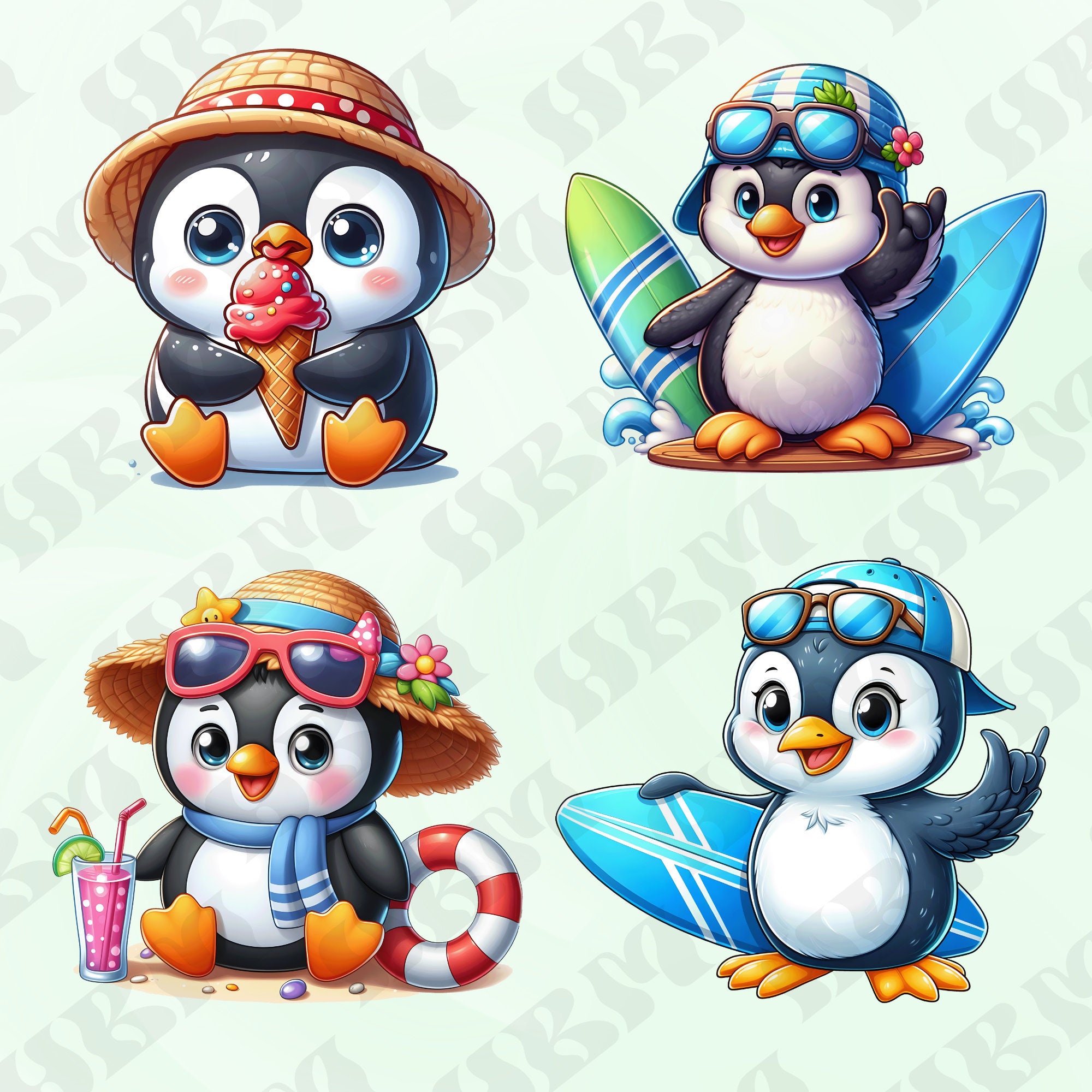 Cute Cartoon Summer Penguin Clipart Bundle, Surf Nursery Decor, Beach ...