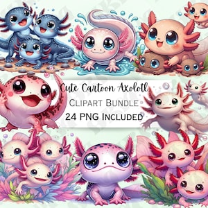 Lindo paquete de imágenes prediseñadas de Axolotl de dibujos animados, pegatinas de Salamanda, adorable arte de pared para bebés, PNG de anfibios para invitaciones, 24 diseños ingeniosos de sublimación