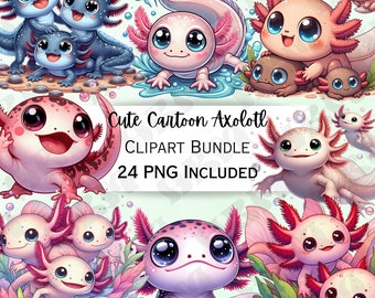 Cute Cartoon Axolotl Clipart Bundle, Salamanda Stickers, Adorable Baby Wall Art, Amphibian PNG for invitations, 24 Witty Sublimation designs
