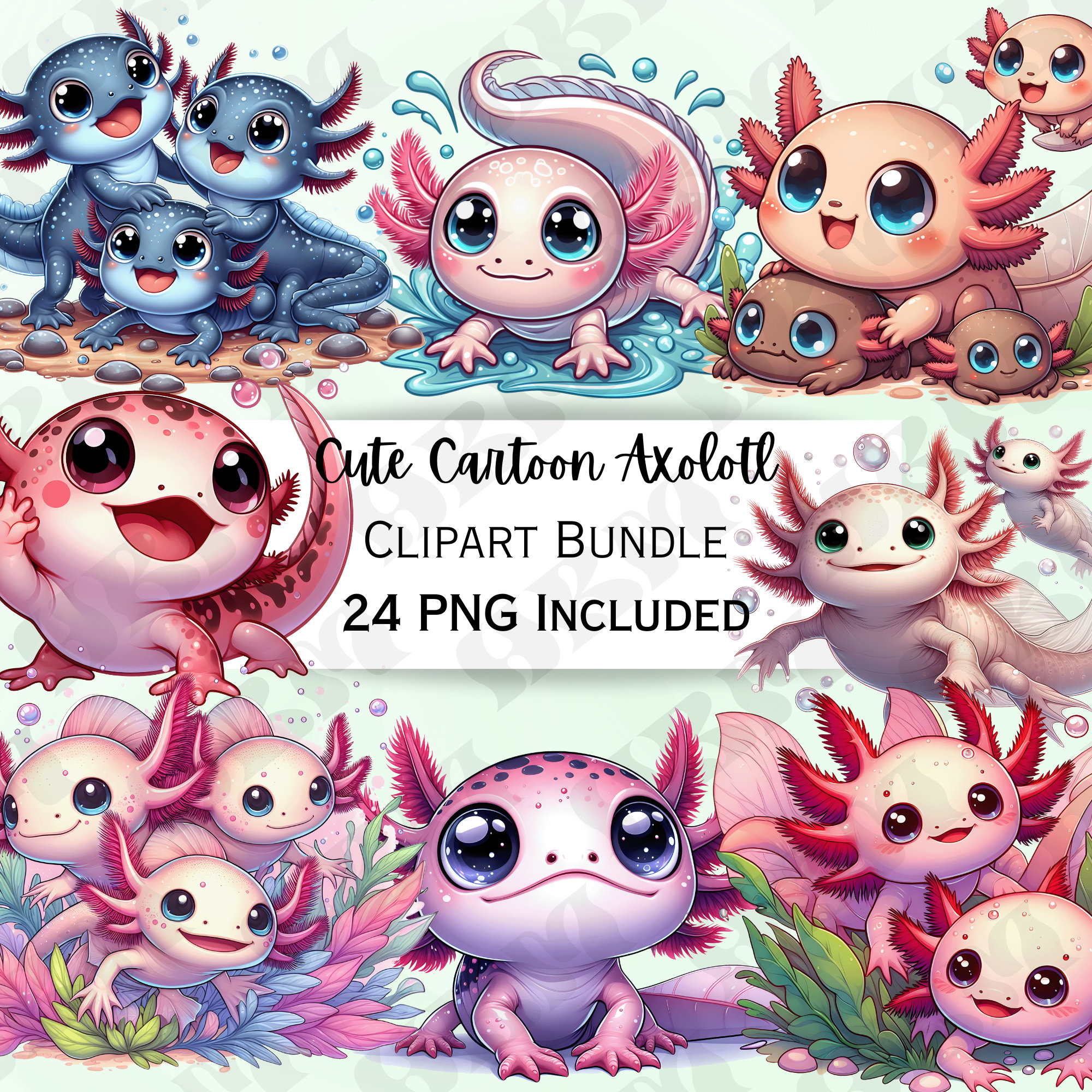 Cute Cartoon Axolotl Clipart Bundle, Salamanda Stickers, Adorable Baby Wall Art, Amphibian PNG for invitations, 24 Witty Sublimation designs