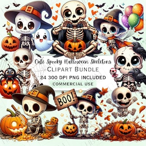 Uroczy zestaw clipartów szkieletu Halloween z kreskówek, naklejki Spooky Bones, zabawne urocze świąteczne PNG do rękodzieła, do użytku komercyjnego