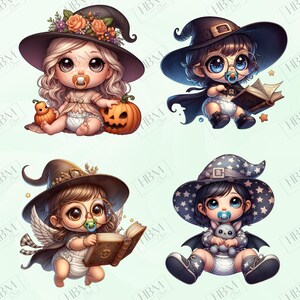 Cute Cartoon Baby Witches Clipart Bundle, Magical Witchy Art, Kawaii Halloween Art, Adorable Whimsical Broomstick PNG, Commercial Use image 6