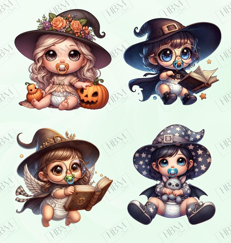 Cute Cartoon Baby Witches Clipart Bundle, Magical Witchy Art, Kawaii Halloween Art, Adorable Whimsical Broomstick PNG, Commercial Use image 6