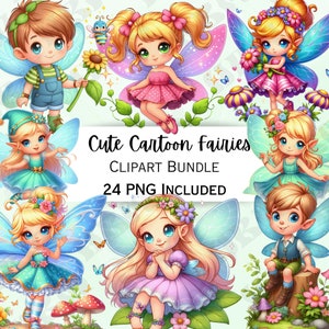 May include: A set of 24 digital clipart images featuring cute cartoon fairies with wings, flowers, and other whimsical elements. The images are perfect for crafting, scrapbooking, and other creative projects.