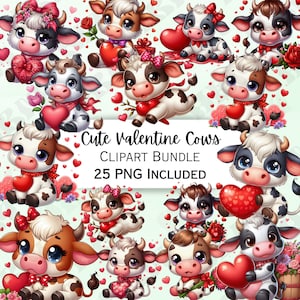 25 Cute Valentines Day Cow Clipart Bundle, Calf Card making, Bull Baby Wall Art, Livestock PNG, Heifer invitations, Love Hearts designs