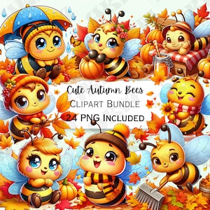 Cute Cartoon Autumn Bees Clipart Bundle, Jesienny wystrój pokoju dziecięcego, Liście, sztuka ścienna dla dzieci, Natura PNG, Zaproszenia sezonowe, 24 ilustracje