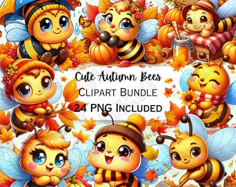 Cute Cartoon Autumn Bees Clipart Bundle, Fall Nursery Decor, Leaves Baby Wall Art, Nature PNG, Season Invitations, 24 illustrations