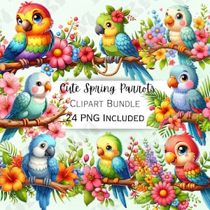 24 Cute Cartoon Spring Parrot Clipart Bundle, Daisies Nursery Decor, Flowers Baby Wall Art, Insect PNG, Floral infant Shower