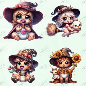 Cute Cartoon Baby Witches Clipart Bundle, Magical Witchy Art, Kawaii Halloween Art, Adorable Whimsical Broomstick PNG, Commercial Use image 3