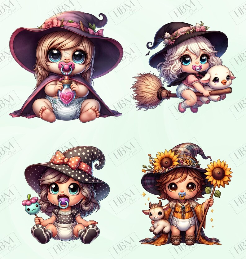 Cute Cartoon Baby Witches Clipart Bundle, Magical Witchy Art, Kawaii Halloween Art, Adorable Whimsical Broomstick PNG, Commercial Use image 3
