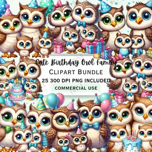 Cute Cartoon Birthday Owl Family Clipart Bundle, Whimsical Characters, Adorable Quirky Bird PNG, Transparent Background, Commercial Use