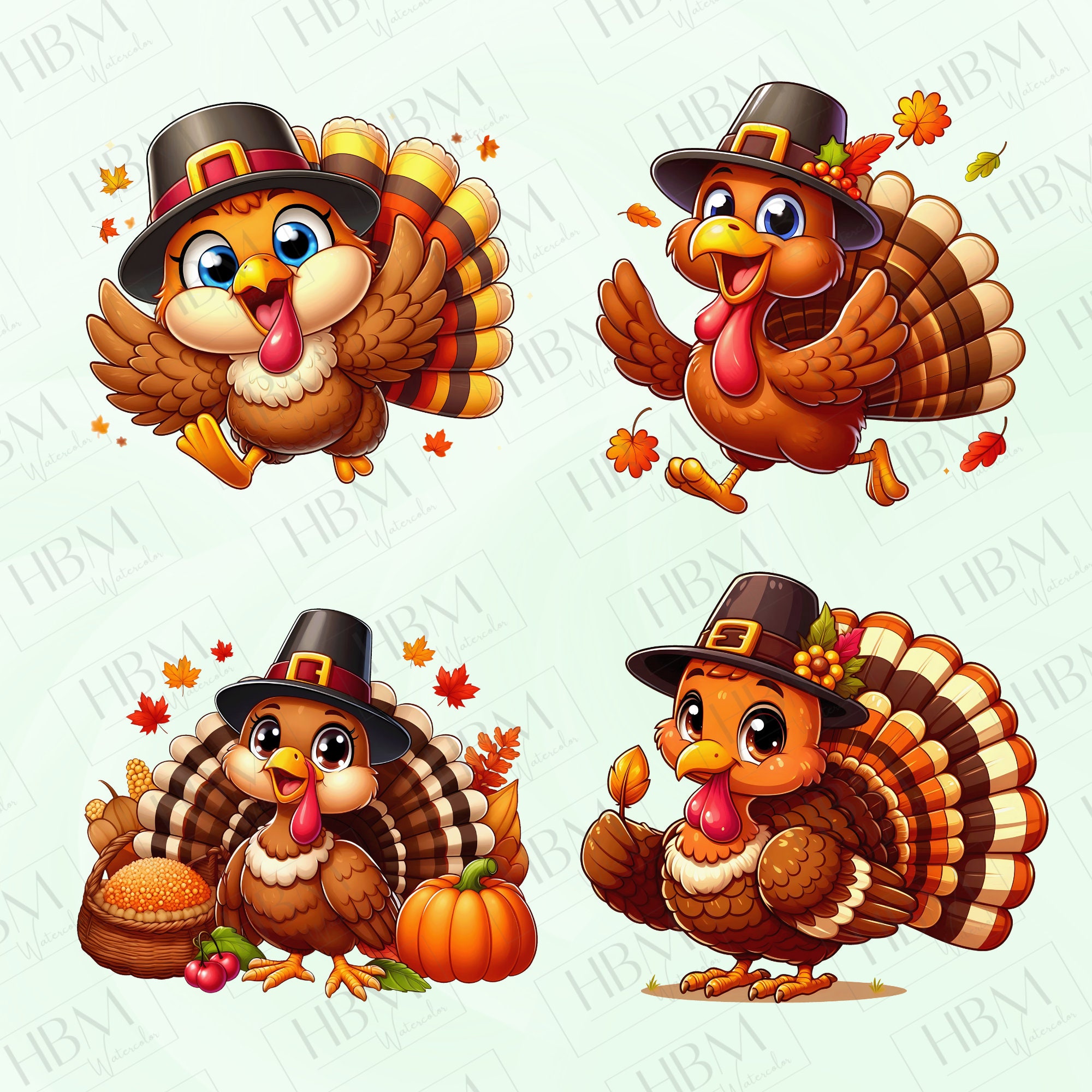 Cute Cartoon Thanksgiving Turkey Clipart Bundle, Fall Printables ...