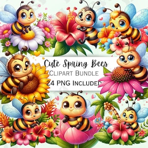 24 Cute Cartoon Spring Bees Clipart Bundle, Daisies Nursery Decor, Flowers Baby Wall Art, Insect PNG, Floral infant Shower