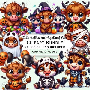 May include: A digital clipart bundle of 24 Halloween Highland Cow illustrations. The cows are dressed in various costumes, including a ghost, a witch, a mummy, a skeleton, and a scarecrow. The illustrations are in a cartoon style and are perfect for use in digital projects.
