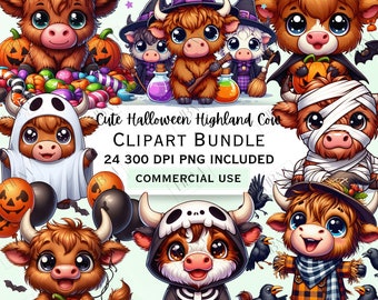 Lindo paquete de imágenes prediseñadas de vacas de las tierras altas de Halloween de dibujos animados, pegatinas de toro espeluznantes, divertidos y adorables animales de calabaza PNG para decoración, uso comercial