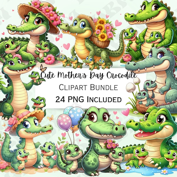 24 Cute Mother's Day Crocodile Clipart Bundle, Cartoon Balloon Sticker, Adorable Party Decorations, Whimsical PNG for invitations, cards