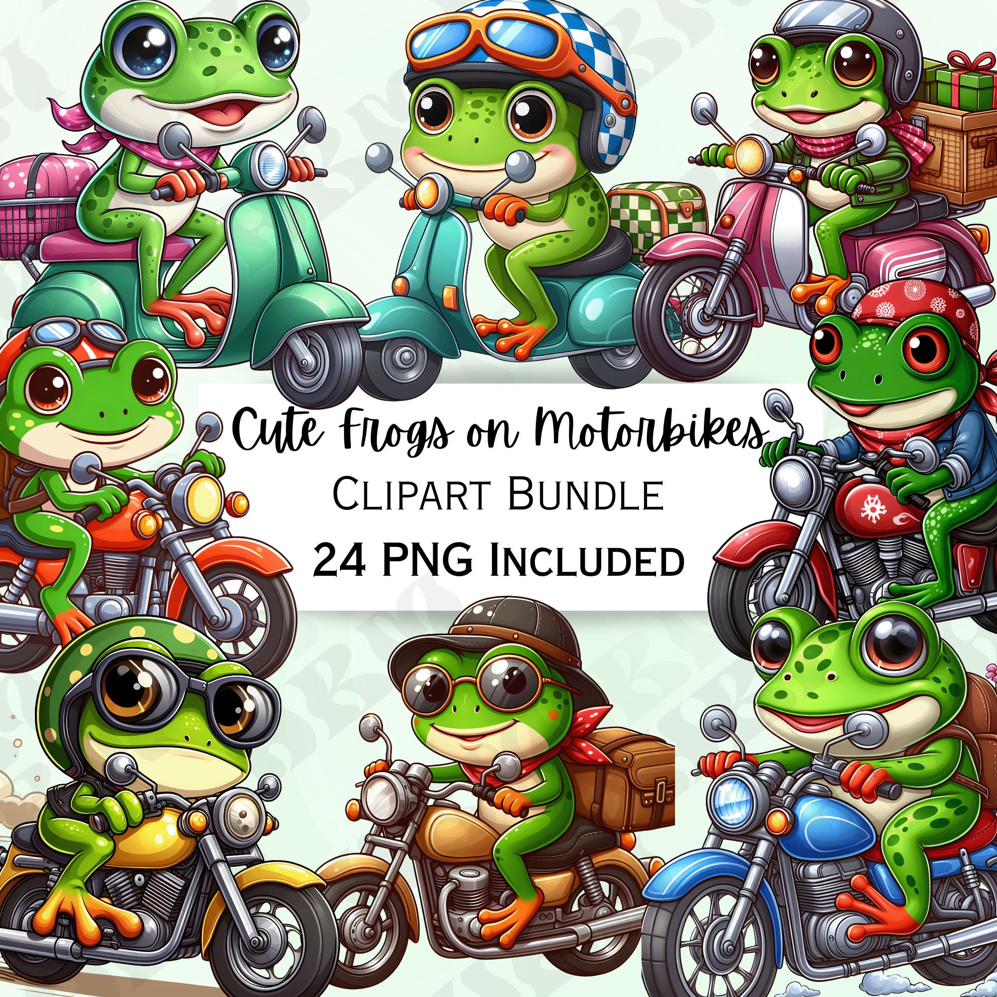 24 Cute Frogs Riding Motorbikes Clipart Bundle, Tadpole Stickers ...